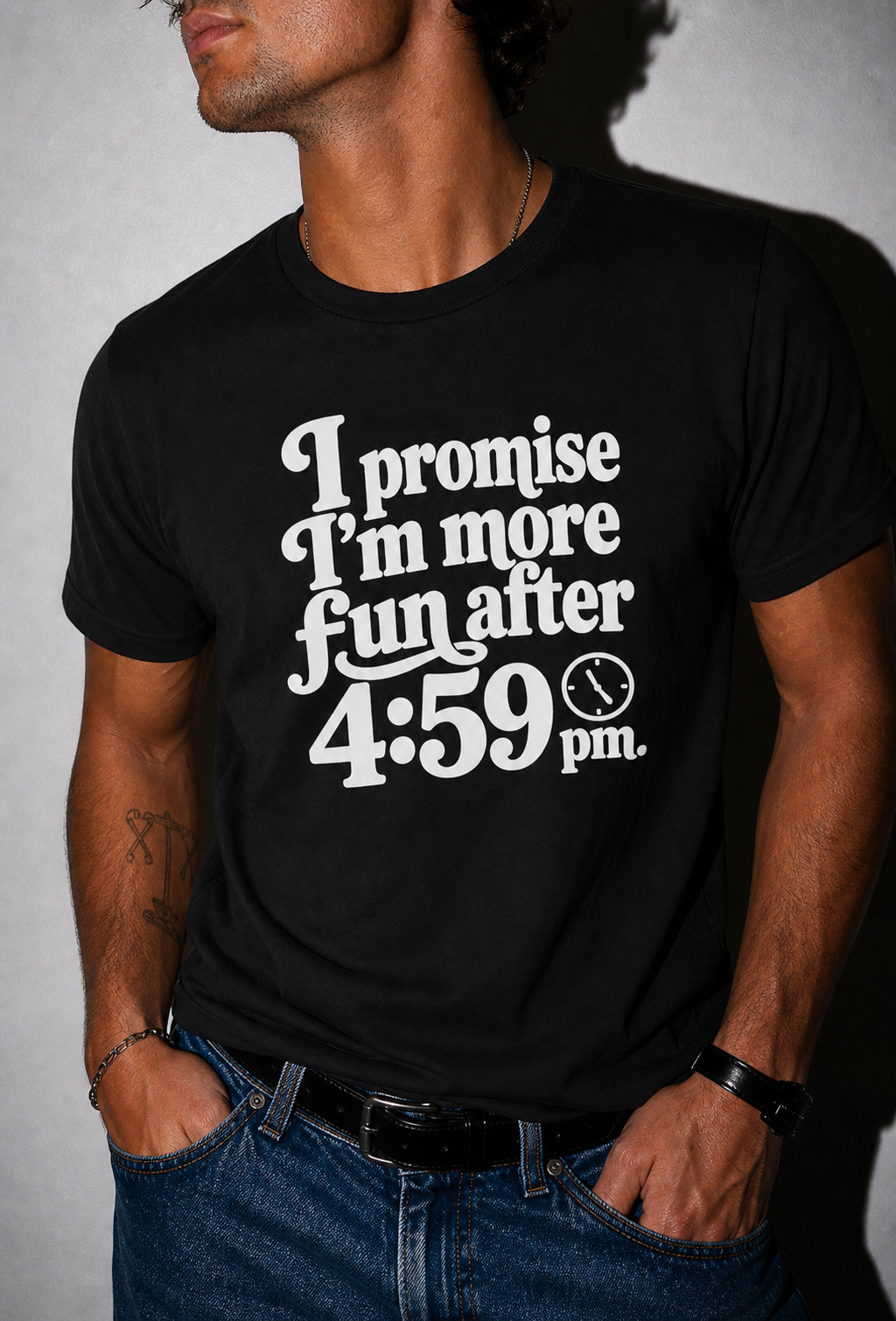 Crew Tee — “I Promise I’m More Fun After 4:59 PM” Retro Workday Quote T-Shirt