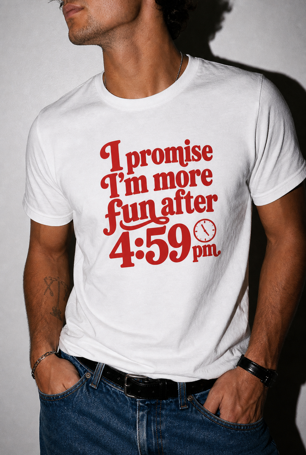 Crew Tee — “I Promise I’m More Fun After 4:59 PM” Retro Workday Quote T-Shirt