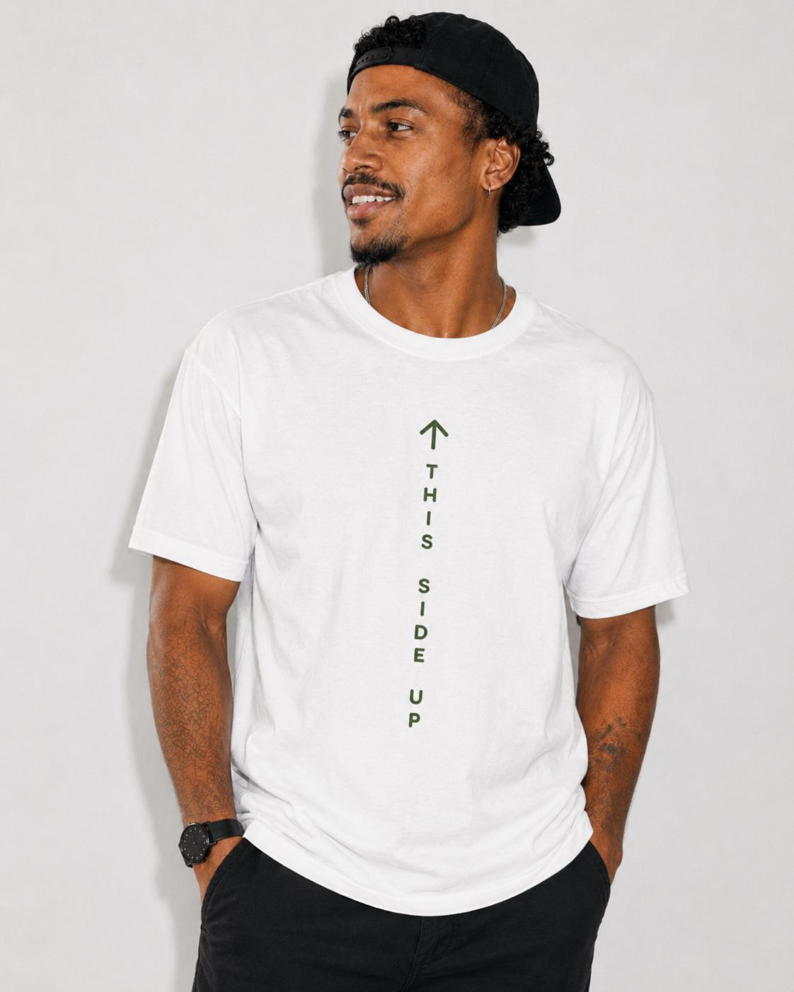 Graphic Tee – "This Side Up" Vertical Arrow Crew Shirt