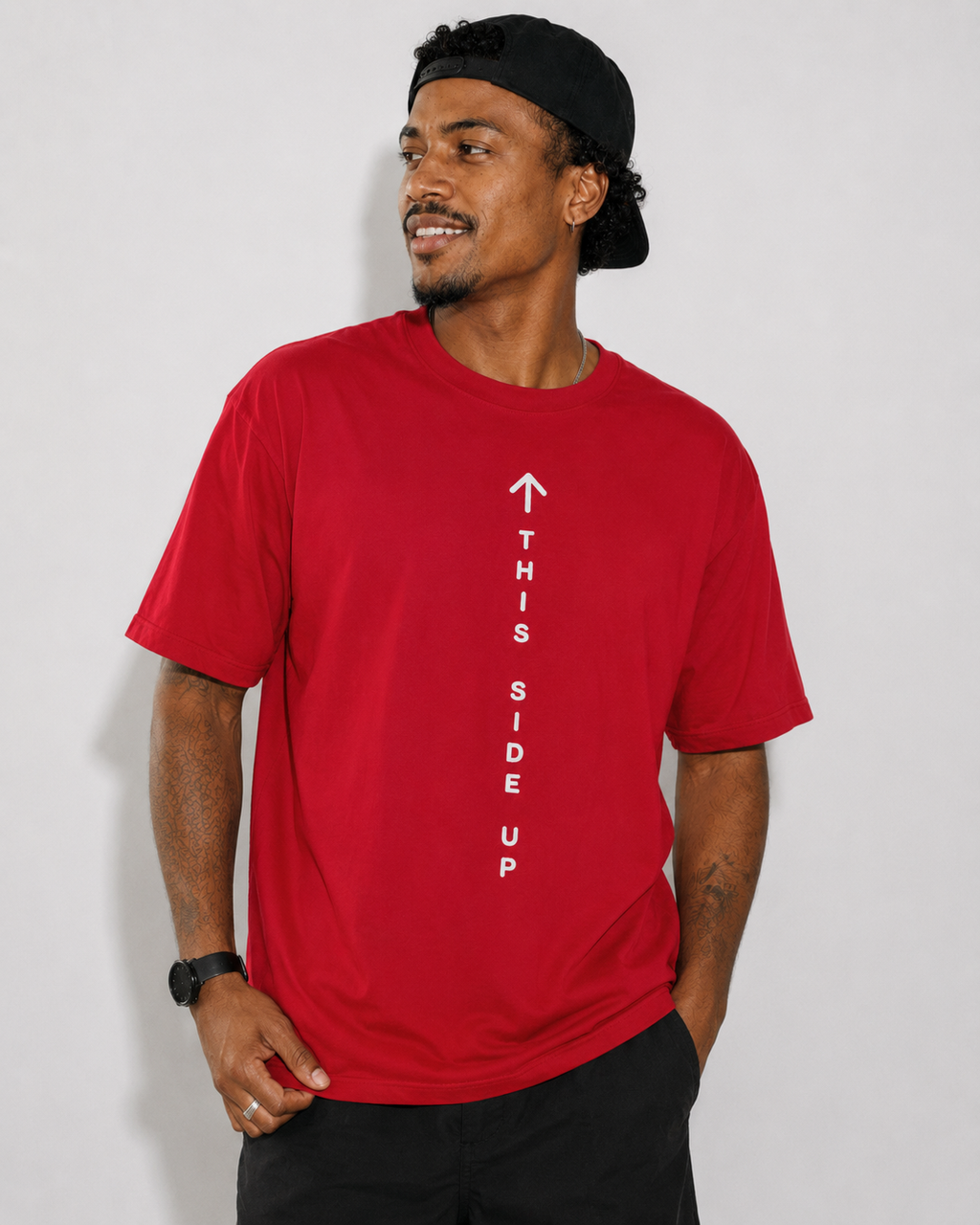 Graphic Tee – "This Side Up" Vertical Arrow Crew Shirt