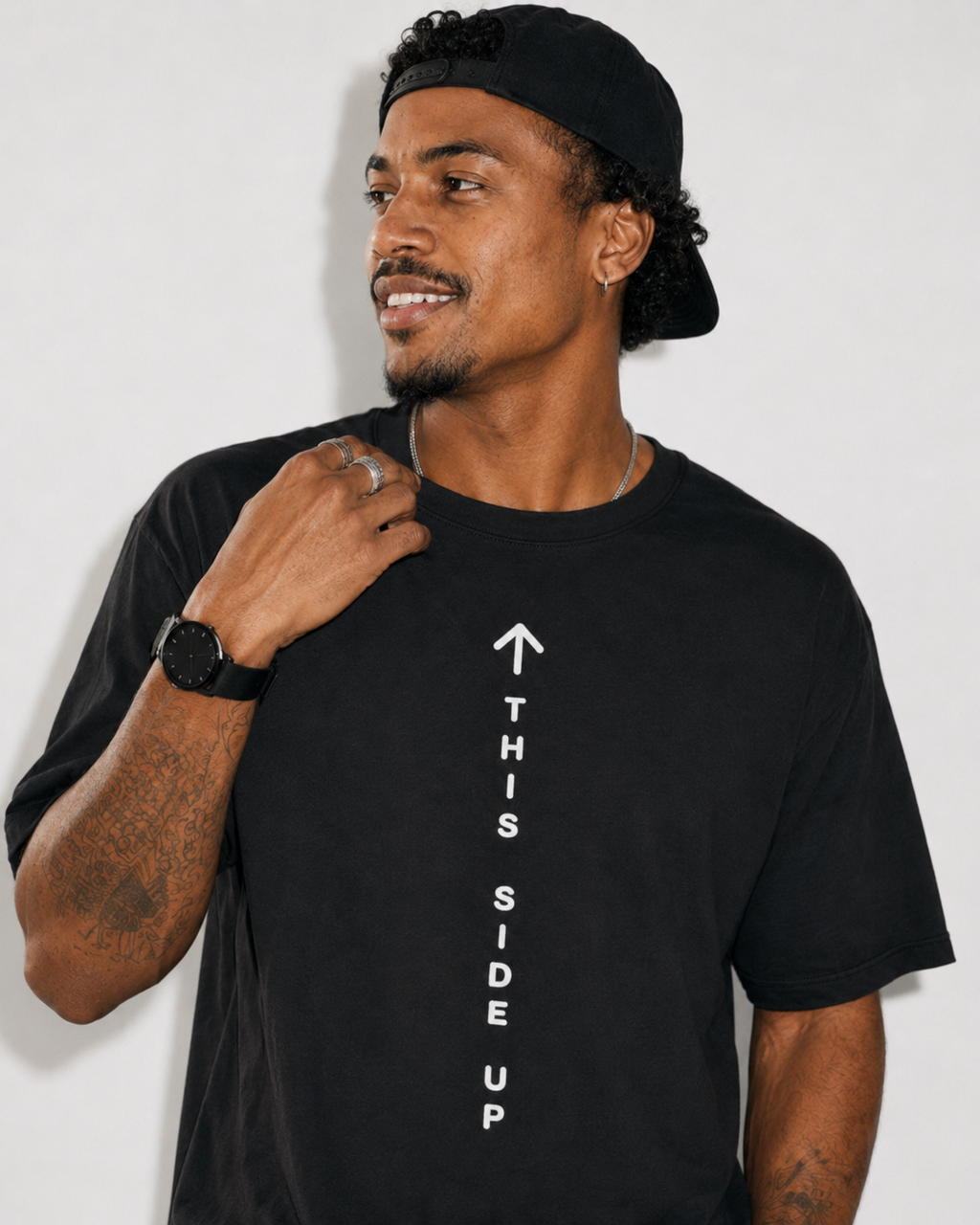 Graphic Tee – "This Side Up" Vertical Arrow Crew Shirt